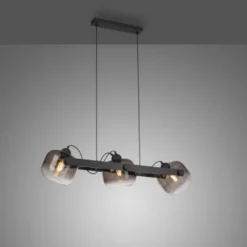 LED Pendelleuchte schwarz 3 flammig Holz Rauchglas höhenverstellbar