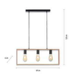 LED Pendelleuchte, schwarz, Holzrahmen, Metall, 3 flammige Pendellampe