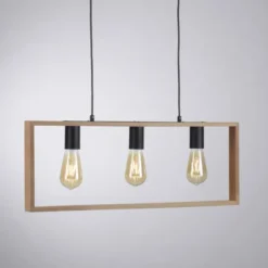 LED Pendelleuchte, schwarz, Holzrahmen, Metall, 3 flammige Pendellampe