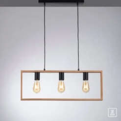 LED Pendelleuchte, schwarz, Holzrahmen, Metall, 3 flammige Pendellampe