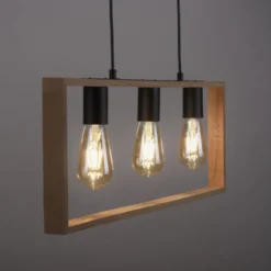 LED Pendelleuchte, schwarz, Holzrahmen, Metall, 3 flammige Pendellampe