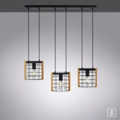 LED Pendelleuchte schwarz mit Holz Metall 3-flammig Esstischlampe