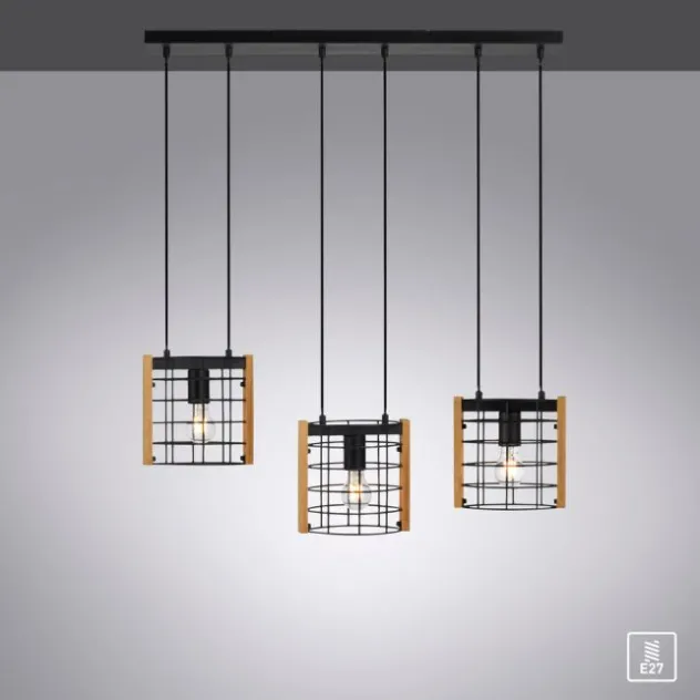 LED Pendelleuchte schwarz mit Holz Metall 3-flammig Esstischlampe