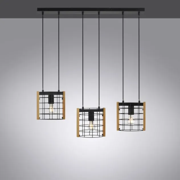 LED Pendelleuchte schwarz mit Holz Metall 3-flammig Esstischlampe