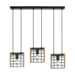 LED Pendelleuchte schwarz mit Holz Metall 3-flammig Esstischlampe