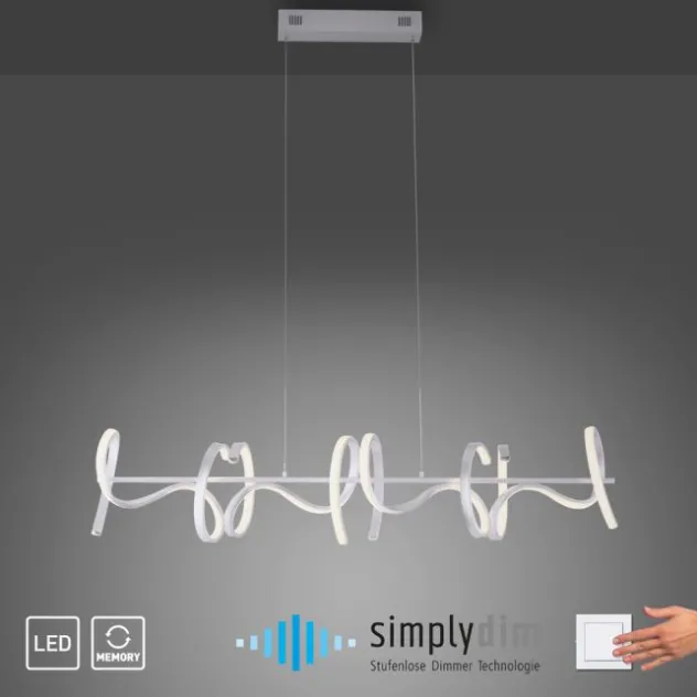 LED-Pendelleuchte, silberfarben, 4 geschwungene Leuchtarme, Dimmfunktion