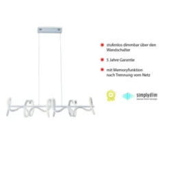 LED-Pendelleuchte, silberfarben, 4 geschwungene Leuchtarme, Dimmfunktion