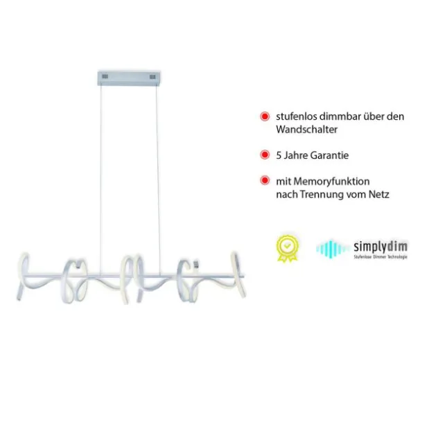 LED-Pendelleuchte, silberfarben, 4 geschwungene Leuchtarme, Dimmfunktion