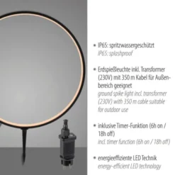 LED Spießleuchte D=50cm schwarz IP65 Schutz Timerfunktion Gartenlampe