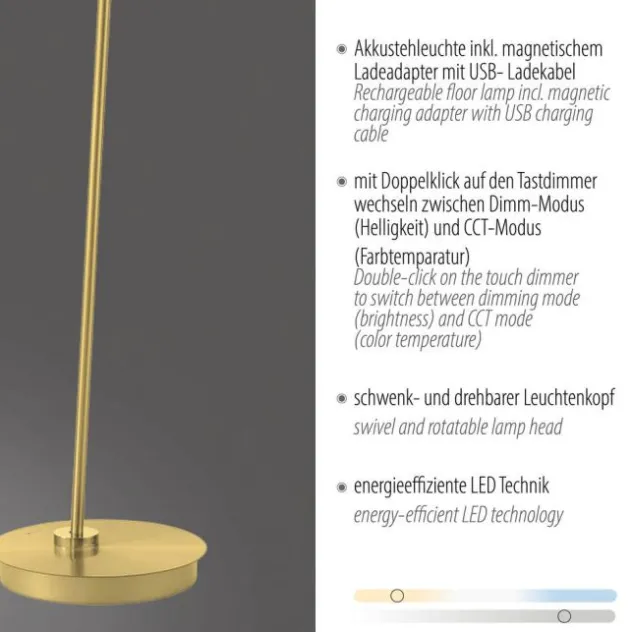 LED Stehleuchte AKKU Bente, Akkuleuchte, IP20, aufladbar, messingfarben