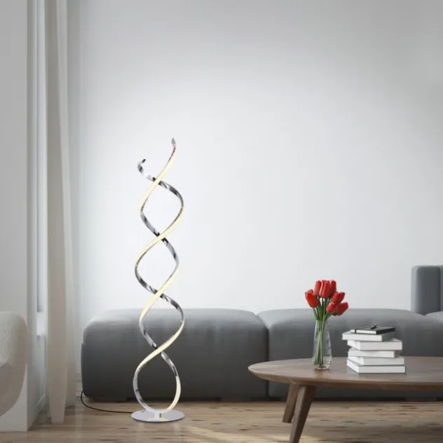 LED Stehleuchte gedreht chrom dimmbar über Schnurdimmer modern