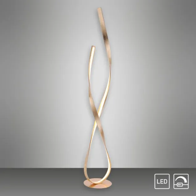 LED Stehleuchte goldfarbig geschwungene Leuchtarme warmweiß Schnurdimmer