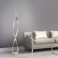 LED Stehleuchte goldfarbig geschwungene Leuchtarme warmweiß Schnurdimmer