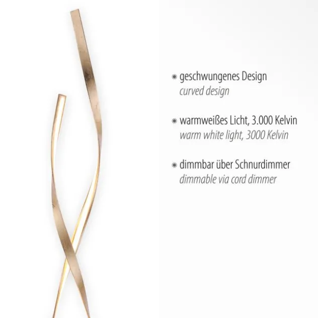 LED Stehleuchte goldfarbig geschwungene Leuchtarme warmweiß Schnurdimmer