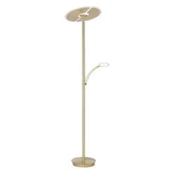 LED-Stehleuchte in messing-matt mit Lesearm und Lichtfarbsteuerung mit Memoryfunktion und Tastdimmer