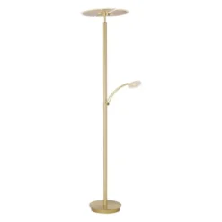LED-Stehleuchte in messing-matt mit Lesearm und Lichtfarbsteuerung mit Memoryfunktion und Tastdimmer