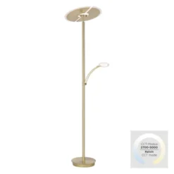 LED-Stehleuchte in messing-matt mit Lesearm und Lichtfarbsteuerung mit Memoryfunktion und Tastdimmer