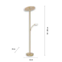 LED-Stehleuchte in messing-matt mit Lesearm und Lichtfarbsteuerung mit Memoryfunktion und Tastdimmer