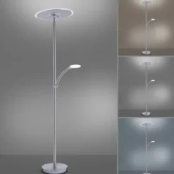 LED-Stehleuchte in stahlfarben mit Lesearm und Lichtfarbsteuerung mit Memory- und Dimmfunktion