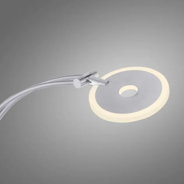 LED-Stehleuchte in stahlfarben mit Lesearm und Lichtfarbsteuerung mit Memory- und Dimmfunktion