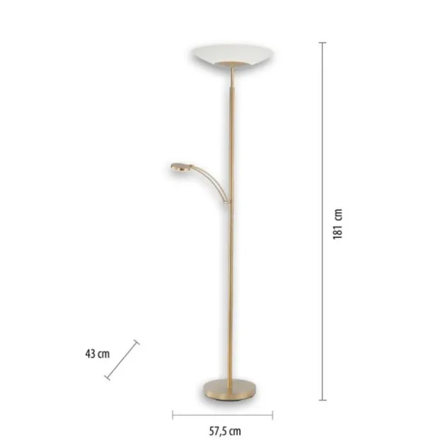 LED Stehleuchte, messing matt, inkl. Leselampe, inkl. Tastdimmer, modern