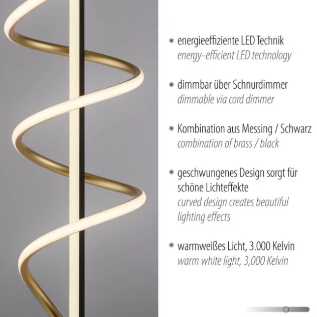 LED Stehleuchte schwarz messing dimmbar per Schnurdimmer geschwungen