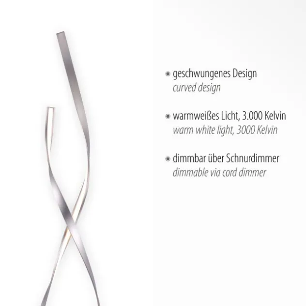 LED Stehleuchte silberfarbig 2 flammig geschwungene Leuchtarme Schnurdimmer
