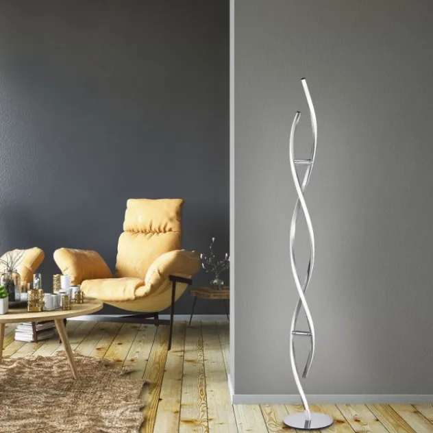 LED Stehleuchte, stahlfarben, geschwungene Form, dimmbar, modern, design