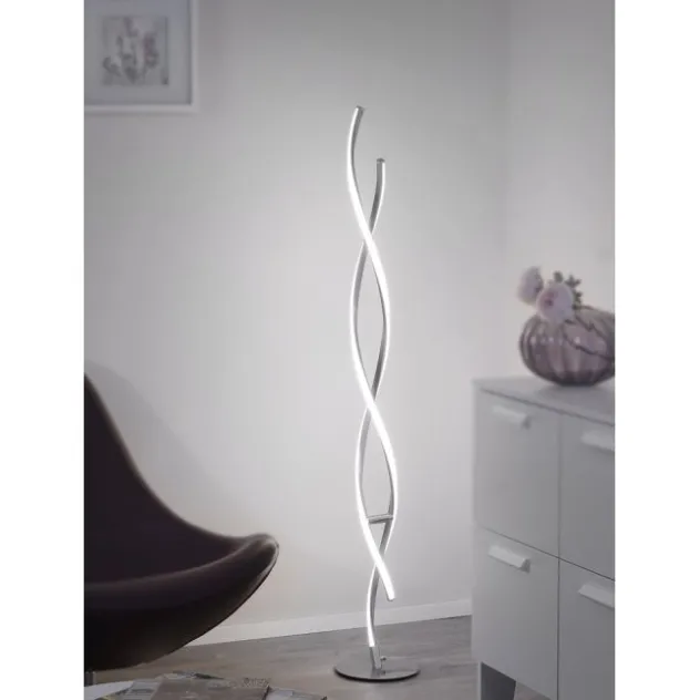 LED Stehleuchte, stahlfarben, geschwungene Form, dimmbar, modern, design