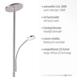 LED-Stehleuchte, stahlfarben, flexibler Lesearm, dimmbar, modern