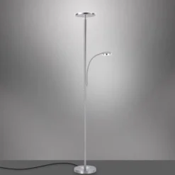 LED-Stehleuchte, stahlfarben, flexibler Lesearm, dimmbar, modern