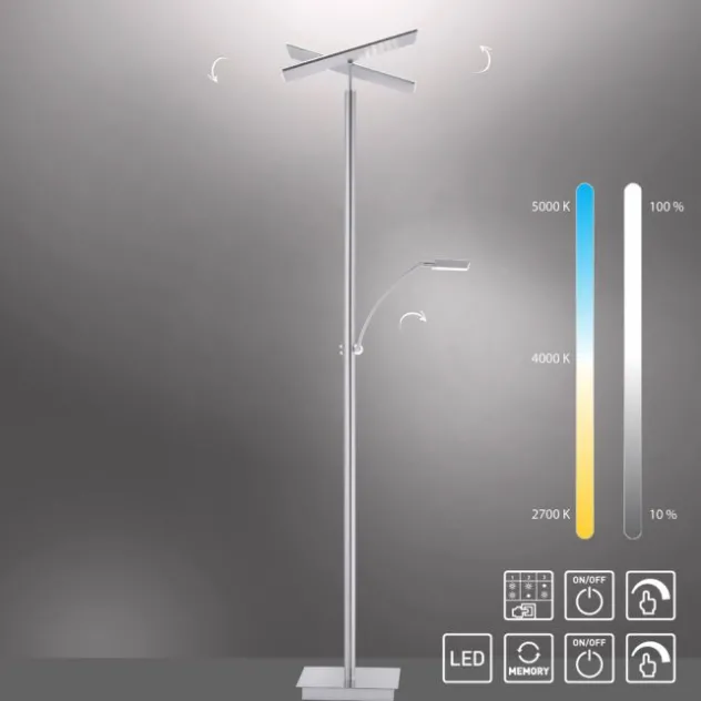 LED-Stehleuchte, stahlfarben, Deckenfluter, Lichtfarbsteuerung inkl. Memoryfunktion, Tastdimmer