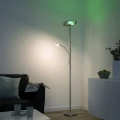 LED-Stehleuchte, stahlfarben, App, Fernbedienung, dimmbar