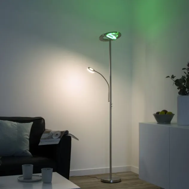 LED-Stehleuchte, stahlfarben, App, Fernbedienung, dimmbar