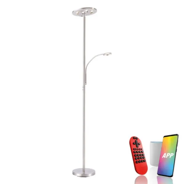 LED-Stehleuchte, stahlfarben, App, Fernbedienung, dimmbar