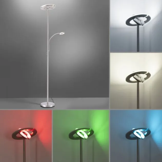 LED-Stehleuchte, stahlfarben, App, Fernbedienung, dimmbar
