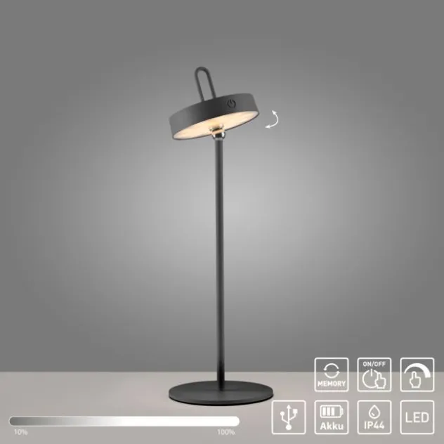 LED Tischlampe schwarz Akku Touchdimmer spritzwassergeschützt USB