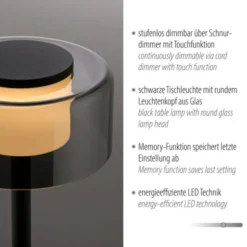 LED Tischleuche schwarz stufenlos dimmbar Rauchglas Memoryfunktion