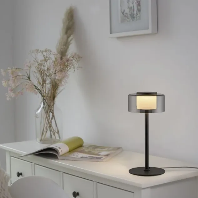 LED Tischleuche schwarz stufenlos dimmbar Rauchglas Memoryfunktion
