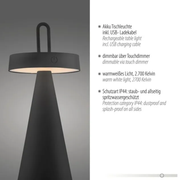 LED Tischleuchte Akku schwarz dimmbar per Touch IP44 Innen-Außen