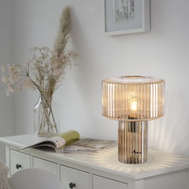 LED Tischleuchte amberfarben Pilzform Glas Ø25cm Schalter