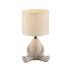 LED Tischleuchte beige Männchen sitzend Stoffschirm mit Schnurschalter
