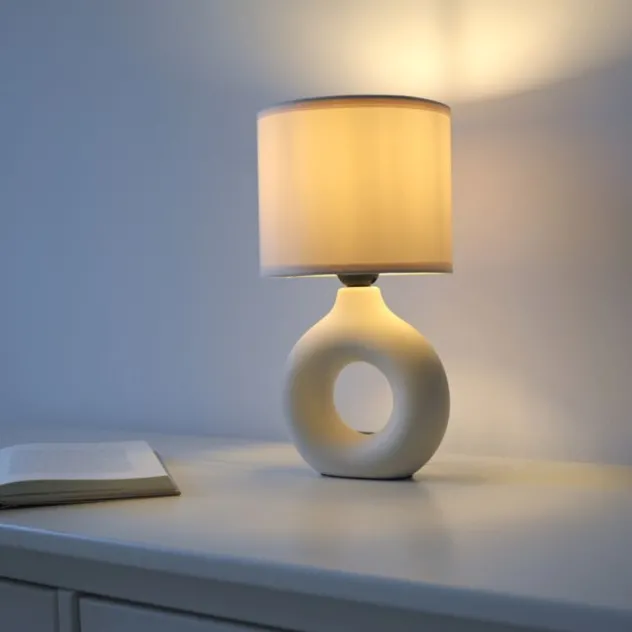 LED Tischleuchte beige Schalter Stoffschirm Beistelllampe Nachttisch
