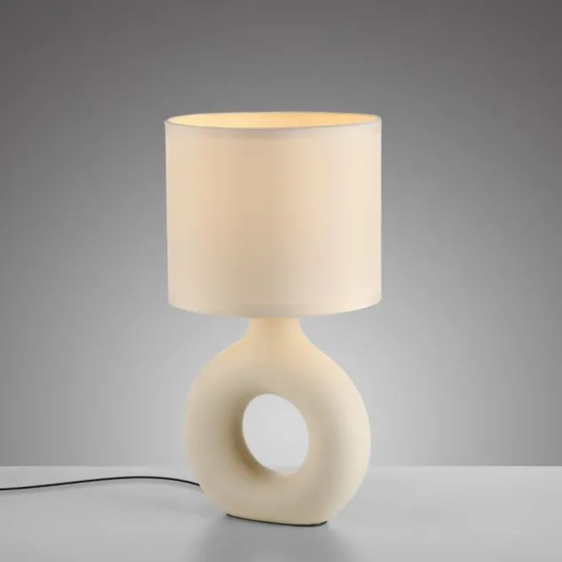 LED Tischleuchte beige Schalter Stoffschirm Beistelllampe Nachttisch