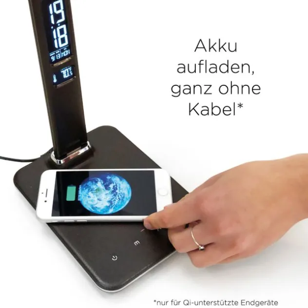 LED Tischleuchte, braun, Dimmfunktion, Induktionsladefläche, Displayanzeige