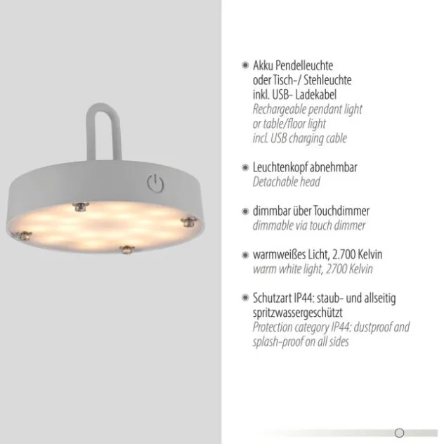 LED Tischleuchte D=46cm greige Akkulampe USB IP44 dimmbar per Touch