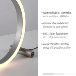 LED Tischleuchte, dimmbar, Touchdimmer, aluminium, warmweiß, rund