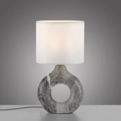 LED Tischleuchte grau Marmor Optik weißer Stoffschirm mit Schalter
