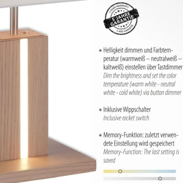 LED-Tischleuchte, Holzdekor, CCT Farbmanagement, dimmbar, Wippschalter