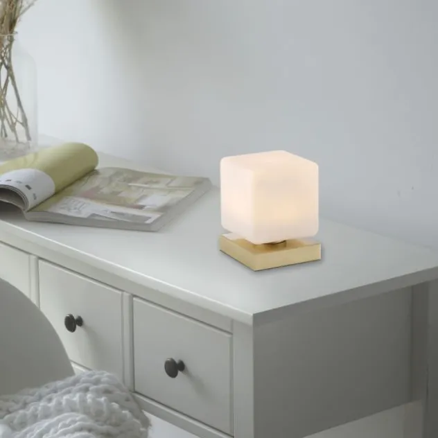 LED Tischleuchte messing farbig Würfelform Touchdimmer zeitloses Design